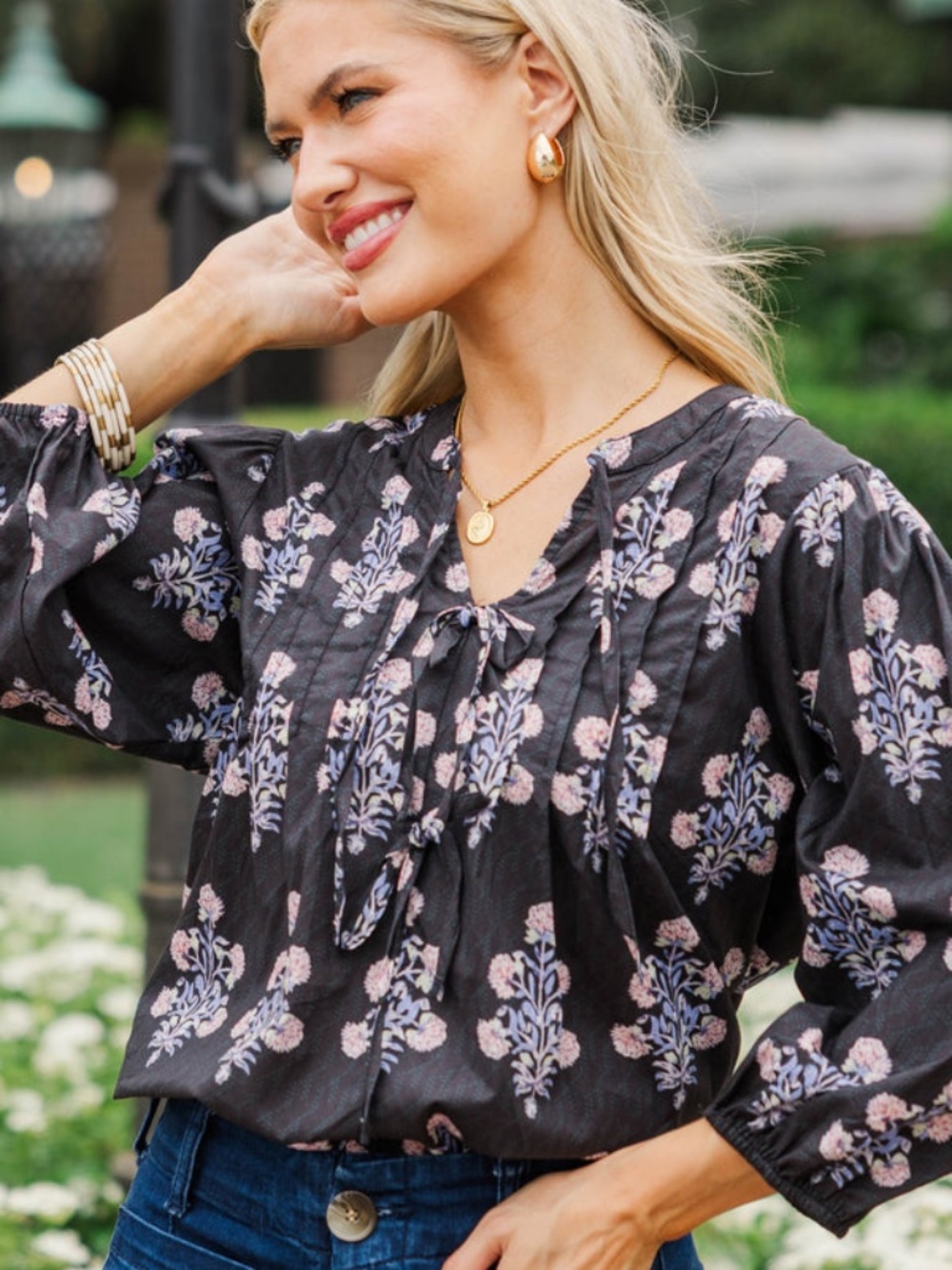 Umgee Chase The Light Black Ditsy Floral Blouse 100% Cotton